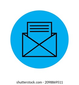 Open envelope icon. Blue circle. Mail sign. Office message. Business correspondence. Vector illustration. Stock image. 