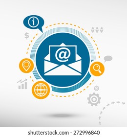 Open envelope icon and creative design elements. Flat design concept