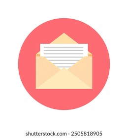 Open envelope icon. Flat illustration of open envelope vector icon for web design. Open envelope with a document. New letter. Sending correspondence.