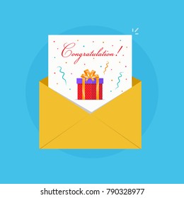 Open envelope icon with greeting card inside. Envelope with Congratulation. Vector Illustration in flat style.