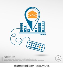 Open envelope icon and keyboard. Line icons for application development, creative process.