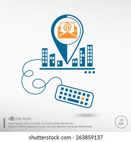 Open envelope icon and keyboard. Line icons for application development on city background
