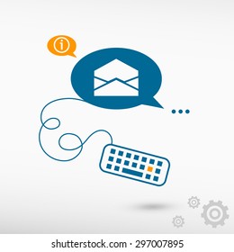 Open envelope icon and keyboard on chat speech bubbles. Line icons for application and creative process.