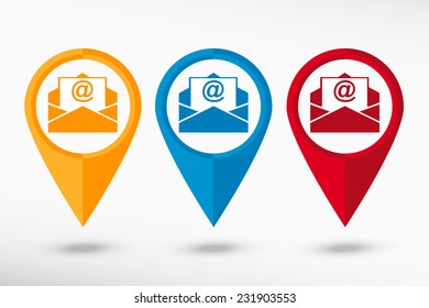 Open envelope icon map pointer, vector illustration. Flat design style