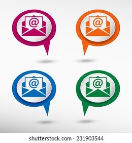 Open envelope icon on colorful chat speech bubbles.