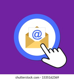 Open envelope icon. Sending email concept. Hand Mouse Cursor Clicks the Button. Pointer Push Press