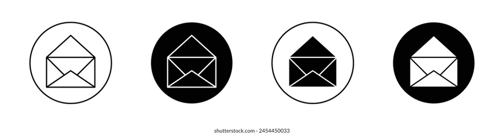 Open envelope icon set. open email letter web vector symbol. open mail sign in black filled and outlined style.