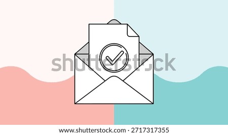 Open envelope icon showing a white document with a large checkmark in a circle representing confirmed mail or approved message.