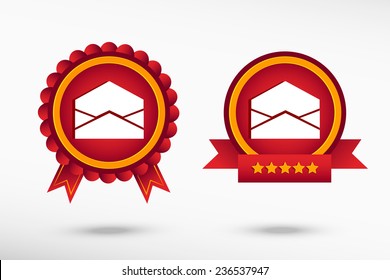 Open envelope icon stylish quality guarantee badges. Colorful Promotional Labels