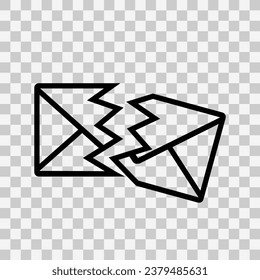 Open envelope icon. Torn envelope icon. Damaged mail icon. A linear icon depicting a torn, damaged open envelope