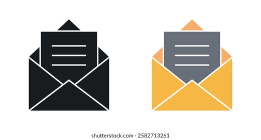 Open envelope icons set vectors black and colored style