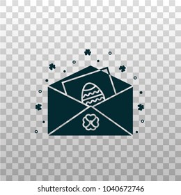 Open envelope with invitation card decorated with Easter egg - black silhouette icon for messengers, mobile and web apps. Chat or message sign, symbol, pictogram for spring christian holiday.