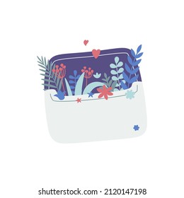 Sobre abierto con hojas y ramas de plantas saliendo de él. Ramo de plantas de primavera. Ilustraciones vectoriales aisladas en fondo blanco. Diseño del día de San Valentín.