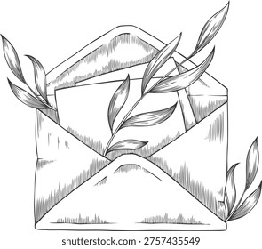Open envelope with leaves vector engraved hand drawn illustration. Paper letter envelope sketch icon. Postal mail message vintage symbol. Correspondence or postal parcel package floral decoration