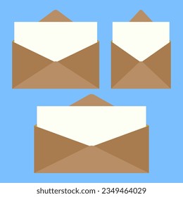 Open envelope letter with blank paper. Vector illustration set.