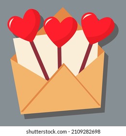 In an open envelope with a letter, caramel on a stick in the form of hearts. Day of love. valentine's day. A greeting card with a declaration of love. A flat vector image on a gray background.