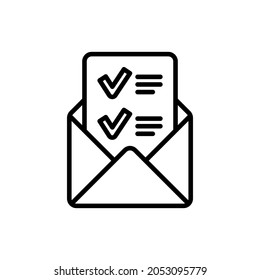 Open envelope with letter containing check mark. Confirmation of registration. Thin line icon. Modern vector illustration.