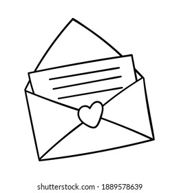 Offener Umschlag mit einem Brief. Dekoratives Element zum Valentinstag. Ein einfaches, einfaches Rahmendesign-Objekt wird von Hand gezeichnet und einzeln auf weiß. Doodle-Stil.Schwarz-Weiß-Vektorgrafik