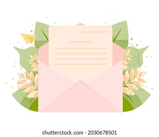 Open envelope with a letter with foliage in the background. The concept of sending messages. Send or receive a letter, mail.