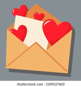 An open envelope with a letter and four hearts. Day of love. valentine's day. A greeting card with a declaration of love. A flat vector image on a gray background.