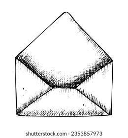 Open Envelope for Letter. Hand drawn vector illustration of old retro message on white isolated background painted by black inks. Outline drawing of vintage mail for greeting cards or invitations.