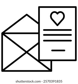 Open envelope with a letter and a heart, symbolizing a love letter, line art icon illustration. Perfect for Valentine's Day, romantic themes, and correspondence-related designs.