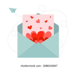 Sobre abierto con una carta con corazones. El concepto de envío de mensajes. Enviar o recibir carta, correo. Confiesa amor.
