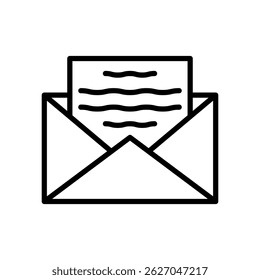Open Envelope with Letter Icon Outline Vector Illustration. Minimalistic black outline vector illustration of an open envelope containing a letter or message.