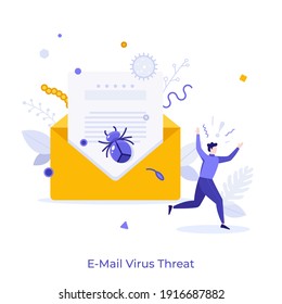 Open envelope with letter and insect inside and man running in panic. Concept of e-mail virus threat, infected electronic message, dangerous software bug. Modern colorful flat vector illustration.