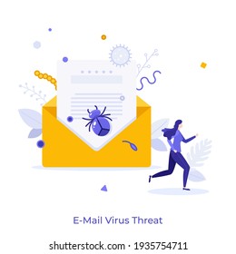 Open envelope with letter and insect inside and woman running in panic. Concept of e-mail virus threat, infected electronic message, dangerous software bug. Modern colorful flat vector illustration.