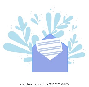 An open envelope with a letter inside. Letter in simple flat style with abstract plant branches. Sending emails. Email sign. Postcard with a letter and place for text.