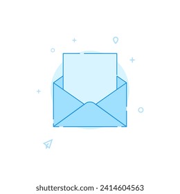Open envelope with a letter inside vector icon. Flat illustration. Filled line style. Blue monochrome design. Editable stroke. Adjust line weight.