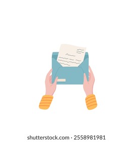 Open envelope with letter and message inside, held by girl hand. Concept of communication, love, and correspondence. Flat style, ideal for stationery creative projects.