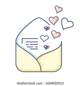 open envelope with a letter and pink hearts. Declaration of love, valentines day, wedding invitation 