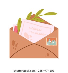 Abrir sobre con letra. Posttravesía, enviar postal con ilustración de vector de decoración