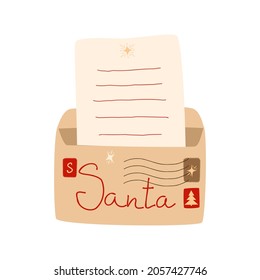 An open envelope with a letter to Santa Claus. Craft envelope with seals and stamps. Christmas mail. Cartoon vector illustration