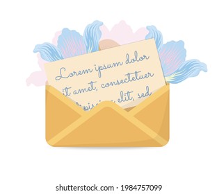 Offener Umschlag mit Briefpapier und Tulpen auf der Hintergrund. Element für Grußkarten, Einladung, Poster, Banner und andere Design-Ideen. Vektorgrafik EPS10.
