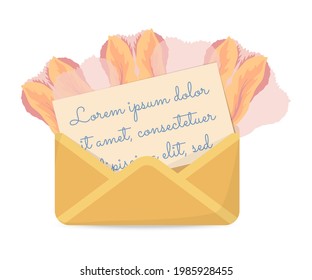 Open envelope with letter sheet and tulips on the backdrop. Element for greeting card, invitation, poster, banner and other design ideas. Vector EPS10 illustration.