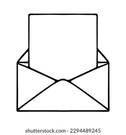 Open envelope with a letter. Sketch. From the message you can see a blank page. Vector illustration. Doodle style. Outline on isolated background. Coloring book for children. Idea for web design.