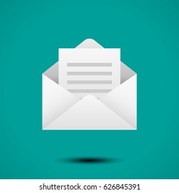 Open envelope for letter. Symbol of message, mail, email or business document. Realistic icon isolated on white background. Vector illustration