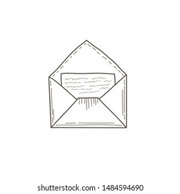 An Open Envelope With A Letter. Vector Illustration By Hand In The Style Of Doodle. Linear Sketch