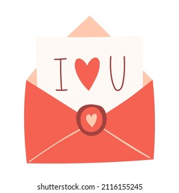An open envelope with a letter and the words - I love you. A valentine, a love message. Decorative element for Valentine's day cards. Color vector illustration isolated on a white background.