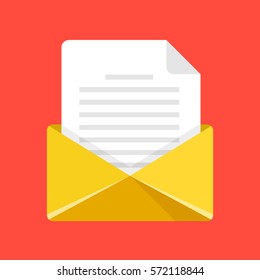 Open envelope with letter. Yellow envelope icon. Email, e-mail, send message concepts. Modern flat design graphic element. Vector illustration.