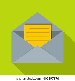 Open envelope with lined sheet of paper icon. Flat illustration of open envelope with lined sheet of paper vector icon for web isolated on lime background