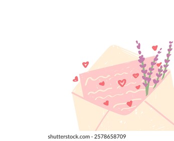 Open envelope with a love letter, adorned with hearts and lavender, symbolizing romance and affection.