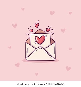 Open envelope with love letter in doodle style on pink background with hearts