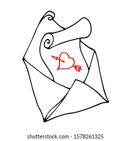 open envelope with love message in the form of a heart with an arrow on Valentine's Day, vector illustration with black contour lines isolated on white background in Doodle hand drawn style