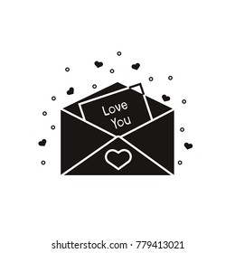 Open envelope with Love You card into it. Letter for Valentine's Day - black silhouette on isolated background. Romantic mail vector illustration for web, ui and graphic design.