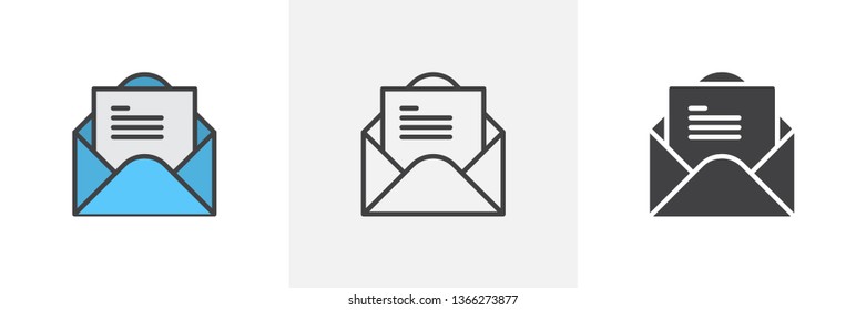 Open envelope mail icon. Line, glyph and filled outline colorful version, Letter message document outline and filled vector sign. Symbol, logo illustration. Different style icons set. Vector graphics