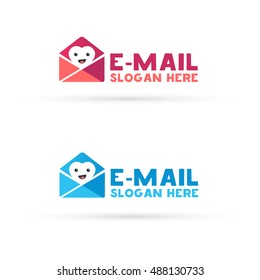 Open envelope mail logo. Love letter logo. Smiling heart in open mail. Happy postcard logo. Postcard vector illustration. Envelope logo.